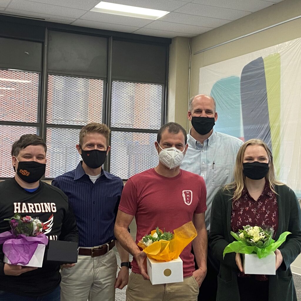 Teacher of the Year Finalists with Superintendent Schmelzenbach and Principal Campbell. Pictured from left to right Lee An Strum,  Barry Schmelzenbach, Dr. Daniel Schuerch, Principal Keith Campbell and Carly Heitland.